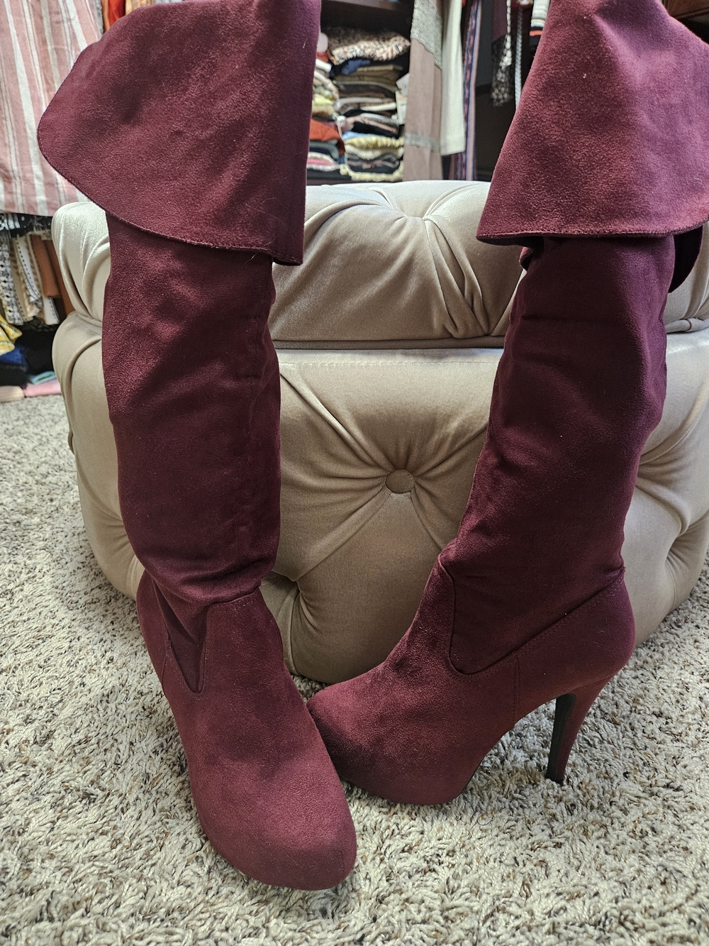 Shoe Dazzle Burgundy Faux Suede Knee High-Heel Boots